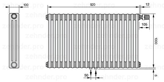 Схема (чертеж) Радиатор Zehnder Charleston 3100/20 №V008 Белый глянцевый RAL 9016